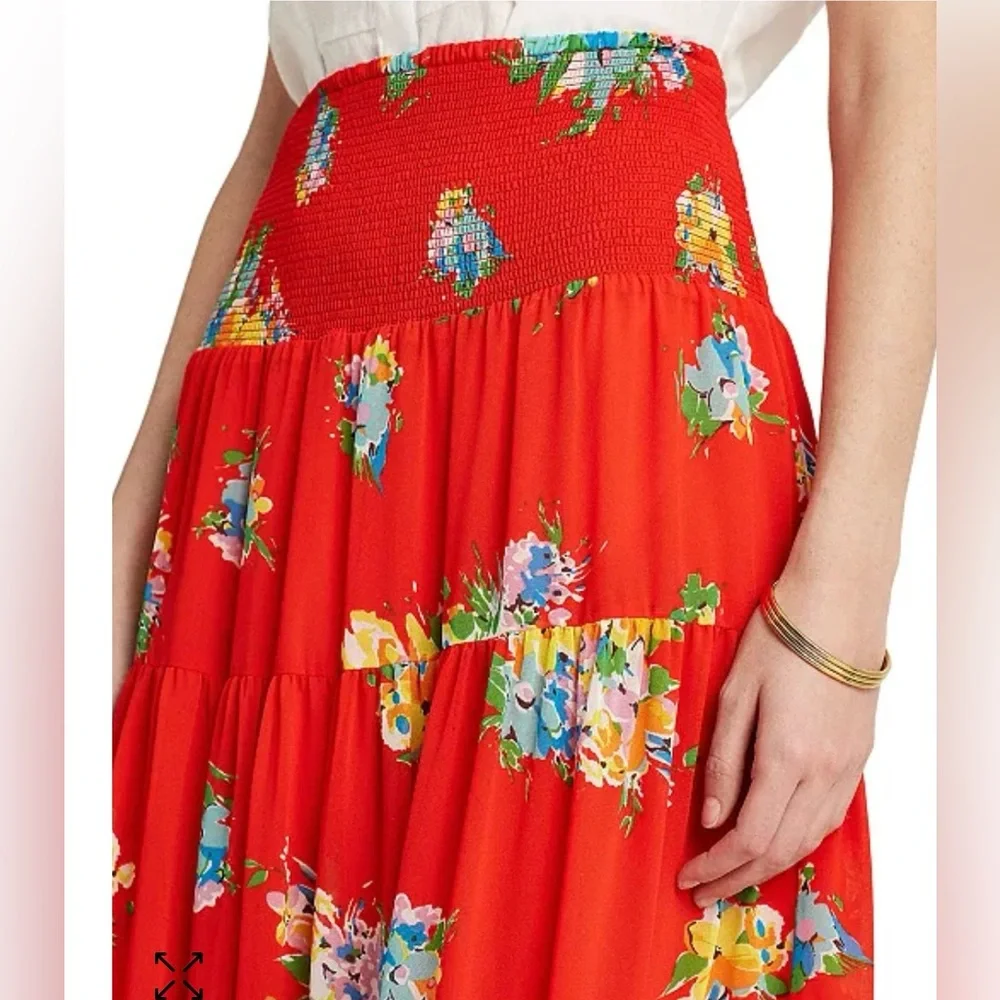 Lauren Ralph Lauren Black Label Red Floral Chiffon Full Maxi Skirt Sz M - Picture 8 of 9